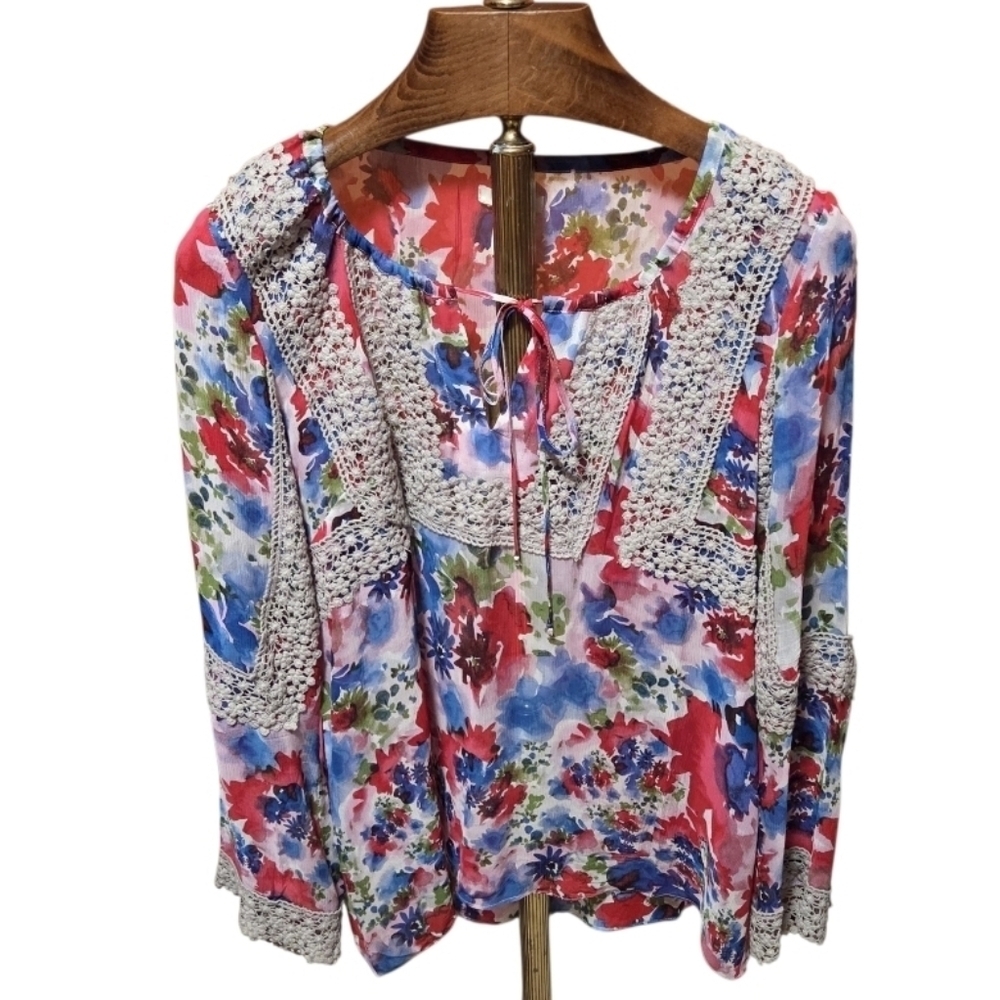 Sundance 100% Silk Bohemian Floral Crochet Trim Ruffled Sleeve Shirt Size XL